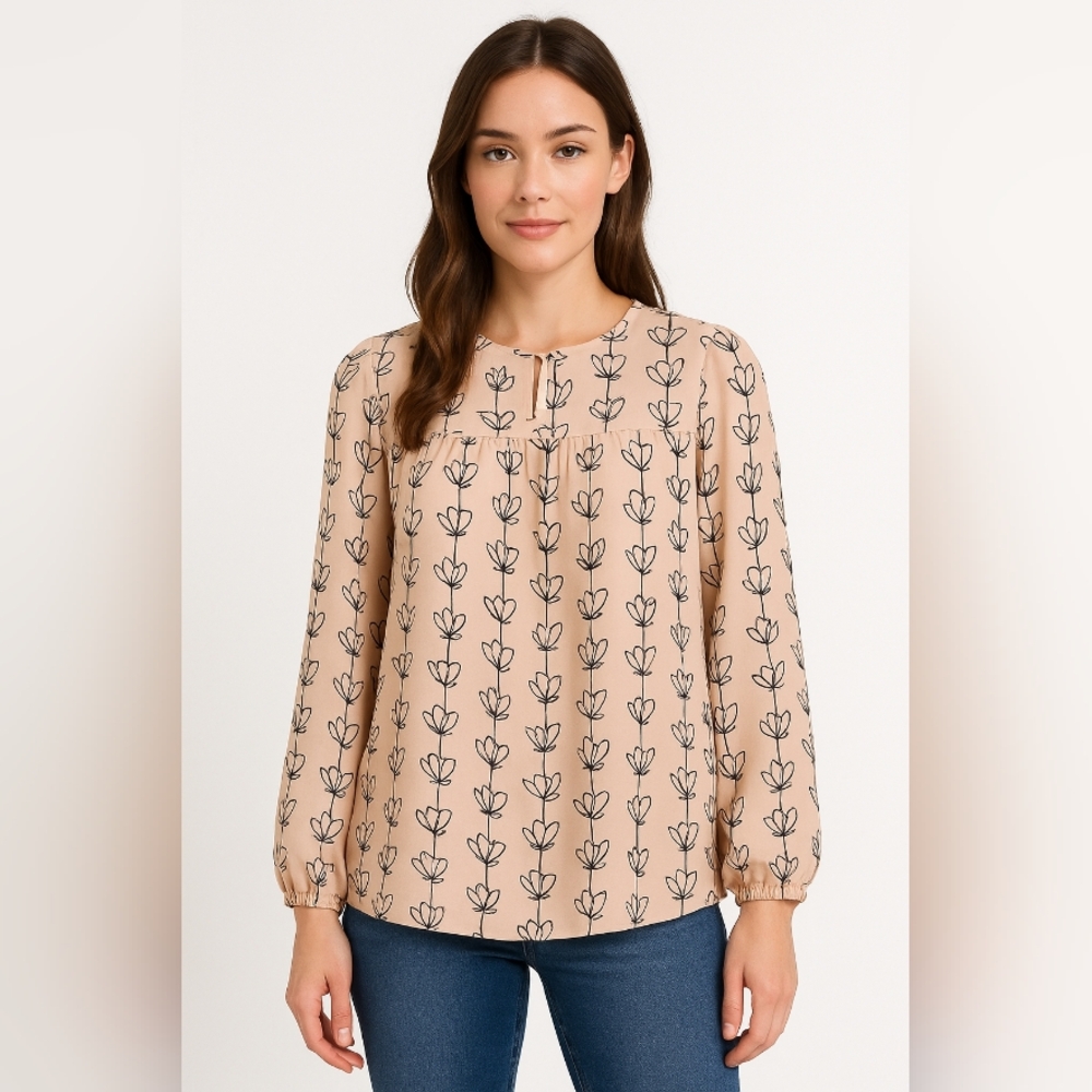 Downeast Blush Peach Floral Blouse XS, Flowy 3/4 Sleeve Top, Elegant Chic